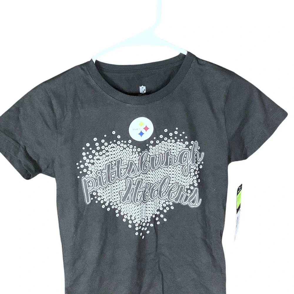 NFL Team Apparel Steelers T-Shirt Youth Girls XL‎ Silver Heart Black Sportwear